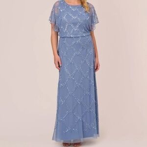 Adrianna Papell. Beaded Blouson Gown With Flutter Sleeves